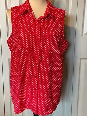 Notations Women's Sleeveless Summer Button Front Red & White Polka Dot Top 1X